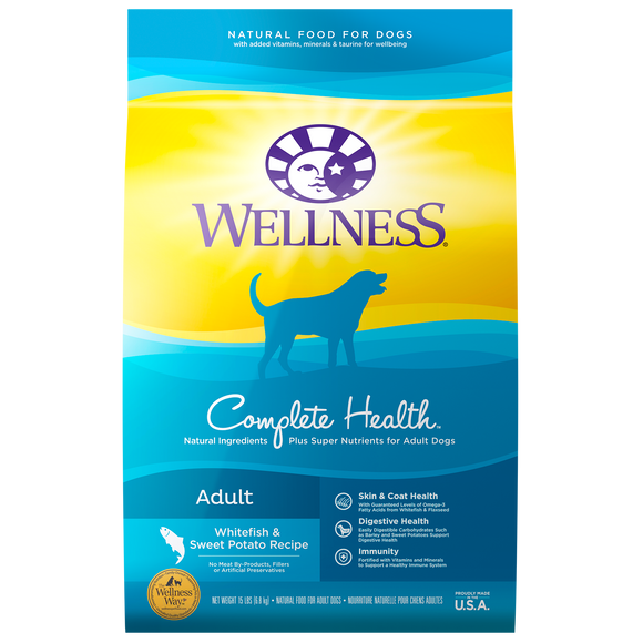 Wellness Complete Health Natural Dry Dog Food Whitefish & Sweet Potato 15lb Bag