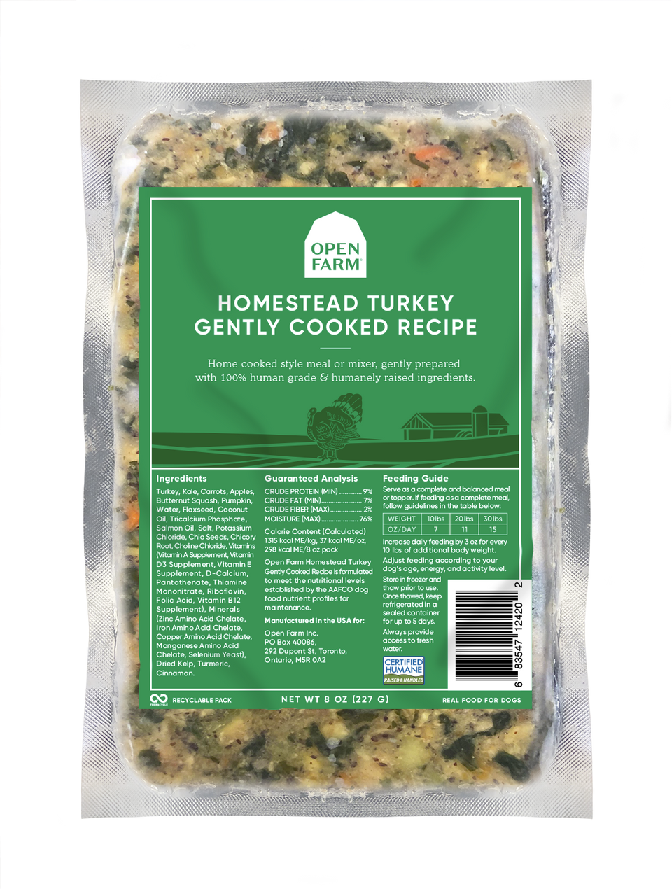 Open Farm Frozen Gently Cooked Dog Food Turkey Recipe 8oz