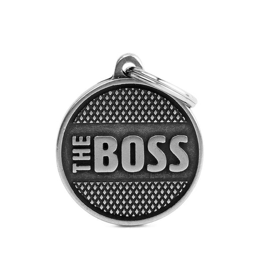 My Family ID Bronx "The Boss" Diamonds Big Circle ID Tag in Antique Silver