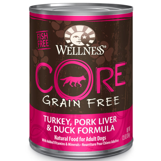 Wellness CORE Natural Wet Grain Free Canned Dog Food, Turkey, Pork & Duck, 12.5oz