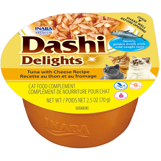 INABA Dashi Delights for Cats, Shredded Tuna with Bonito Flake Broth, 2.5oz Cup, Tuna with Cheese Recipe