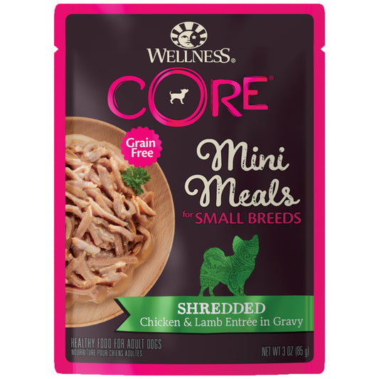 Wellness CORE Natural Grain Free Small Breed Mini Meals Wet Dog Food Shredded Chicken & Lamb Entrée in Gravy 3oz Pouch