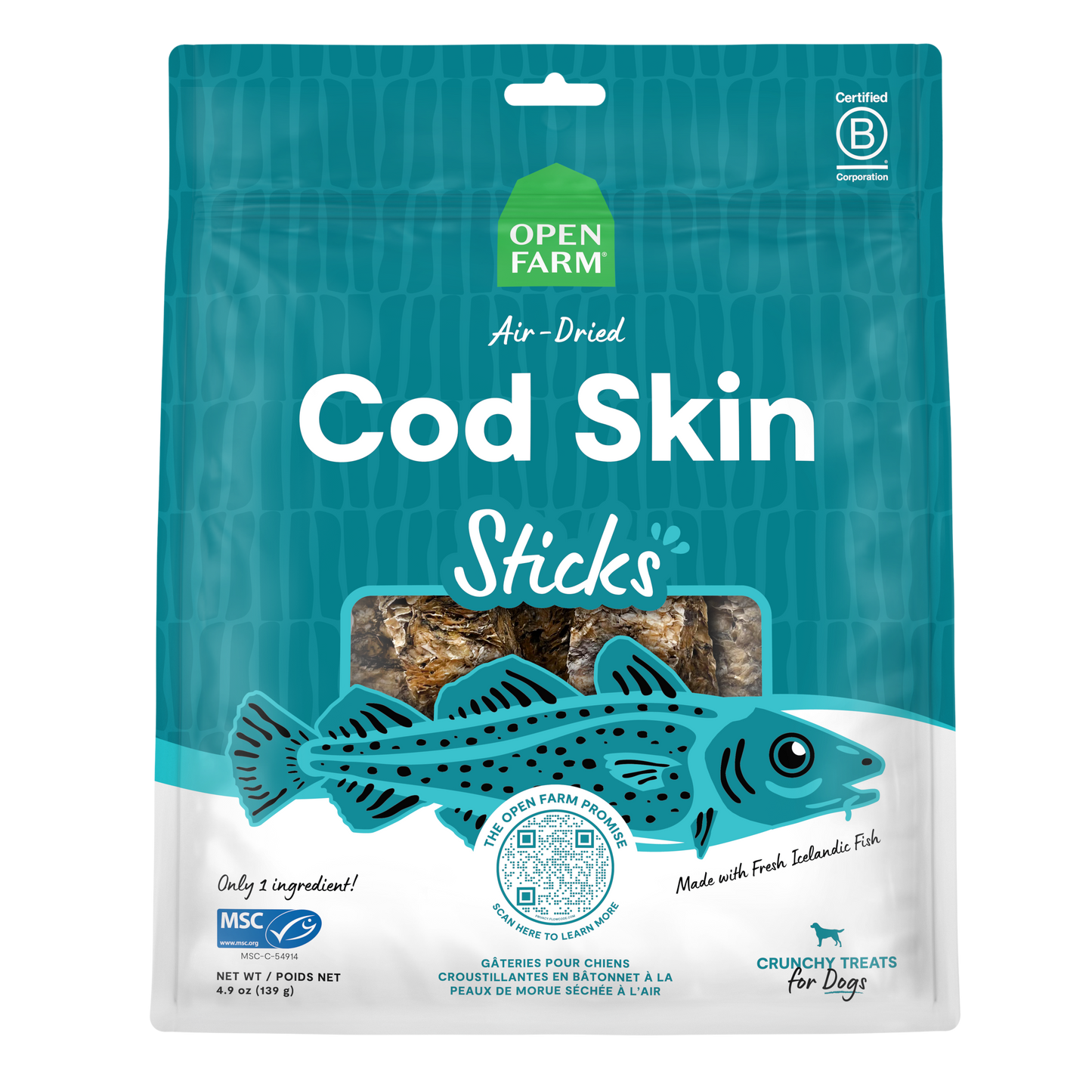 Open Farm Air Dried Cod Skins Crunchy Dog Treat Sticks 4.1oz Bag