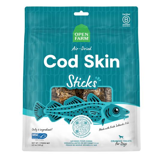 Open Farm Air Dried Cod Skins Crunchy Dog Treat Sticks 4.1oz Bag