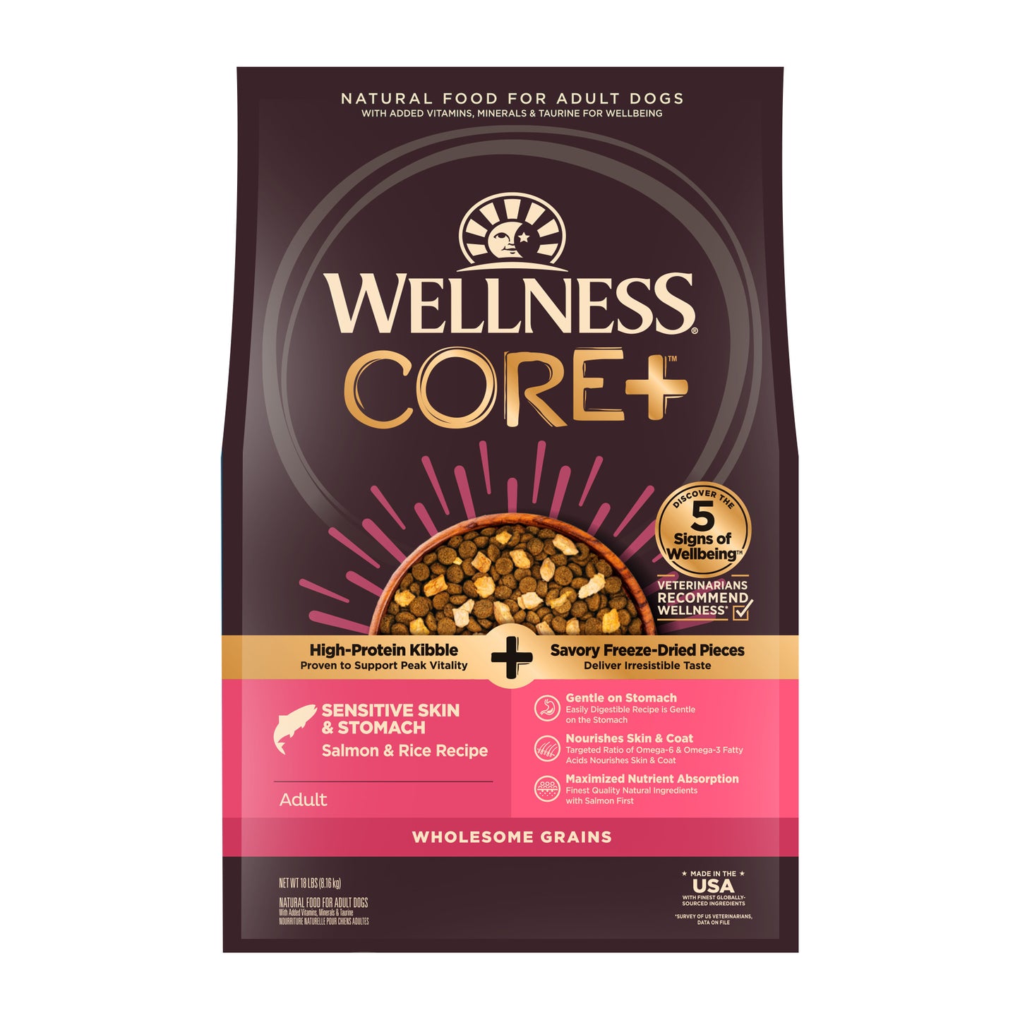 Wellness CORE+ Sensitive Skin & Stomach Dry Dog Food Salmon & Rice Recipe 18lb