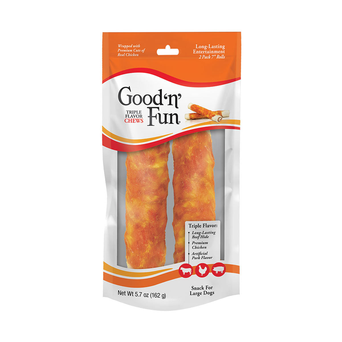 Good ’n’ Fun Triple Flavor 7 Inch Rolls, Rawhide Chews for Dogs 2pk