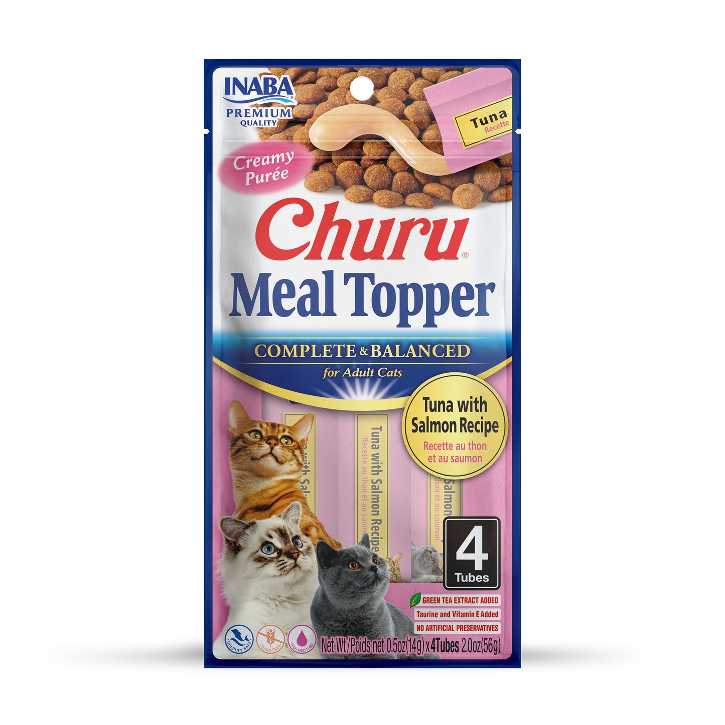 INABA Churu Purée Cat Food Topper, 0.5 Ounce Tube, 4 Tubes, Tuna with Salmon Recipe