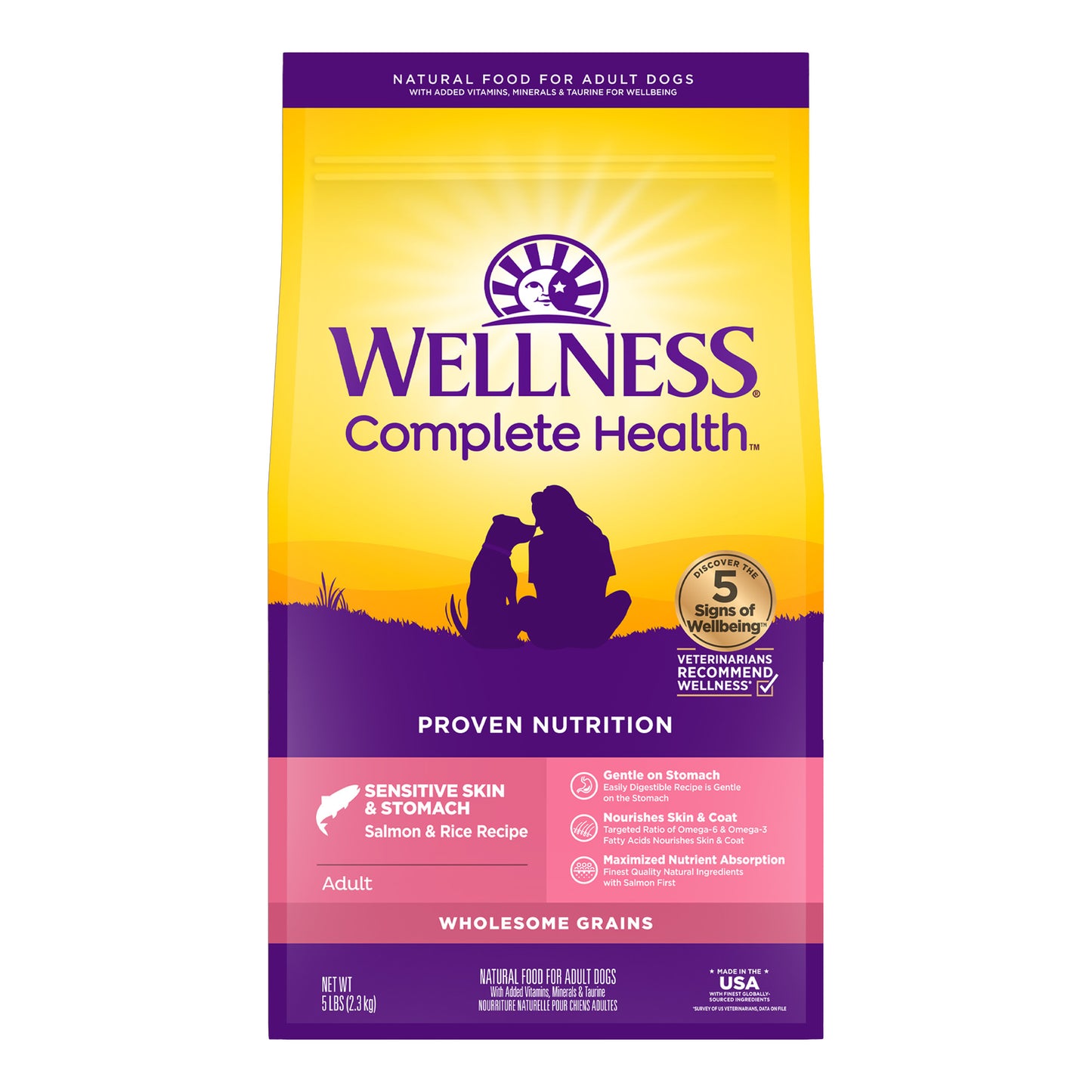 Wellness Complete Health Sensitive Skin & Stomach Dry Dog Food, Wholesome Grains, Natural, Salmon & Rice Recipe 5lb bag