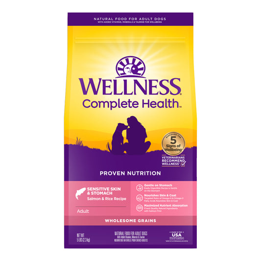 Wellness Complete Health Sensitive Skin & Stomach Dry Dog Food, Wholesome Grains, Natural, Salmon & Rice Recipe 5lb bag