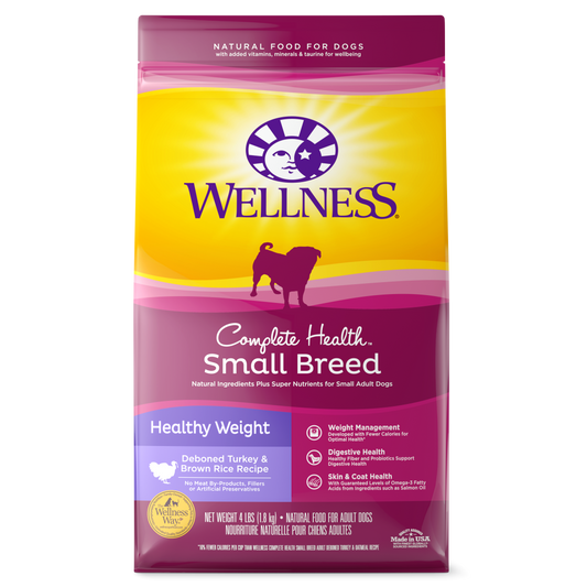 Wellness Complete Health Natural Dry Small Breed Healthy Weight Dog Food Turkey & Rice 4lb Bag