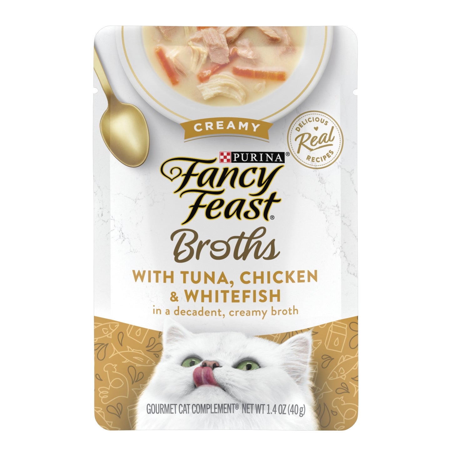 Purina Fancy Feast Lickable Wet Cat Food Broth Topper, Creamy With Tuna, Chicken, and Whitefish 1.4oz