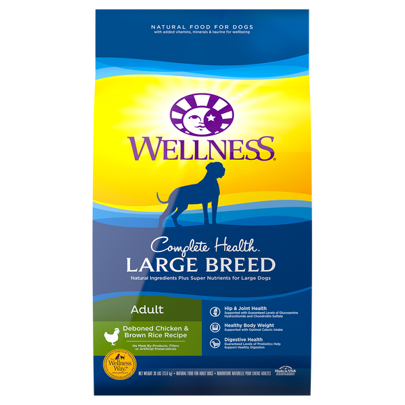 Wellness Complete Health Natural Dry Large Breed Dog Food Chicken & Rice 30lb Bag