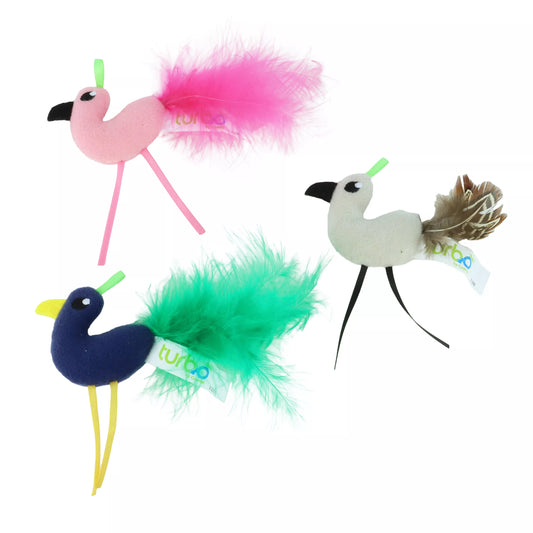 Coastal Turbo Cat Toy with Teaser Loop Assorted Single Birds with Feather Tail