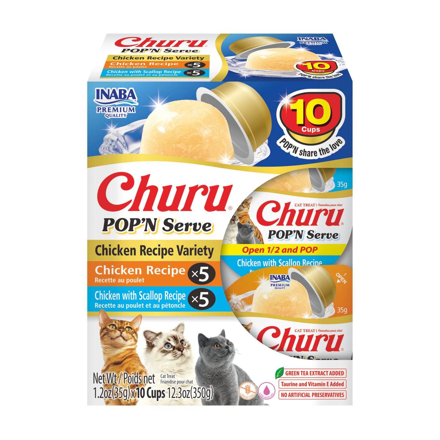 INABA Churu Pop'N Serve Jelly Cat Treat with Vitamin E & Taurine, 1.2 Ounce Cup, 10 Cups, Chicken Variety