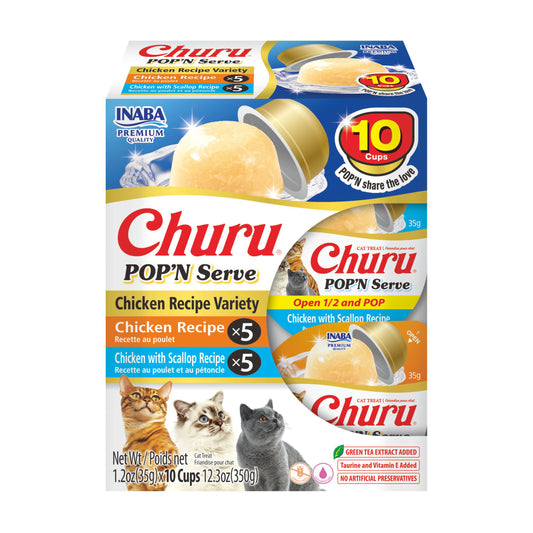 INABA Churu Pop'N Serve Jelly Cat Treat with Vitamin E & Taurine, 1.2 Ounce Cup, 10 Cups, Chicken Variety