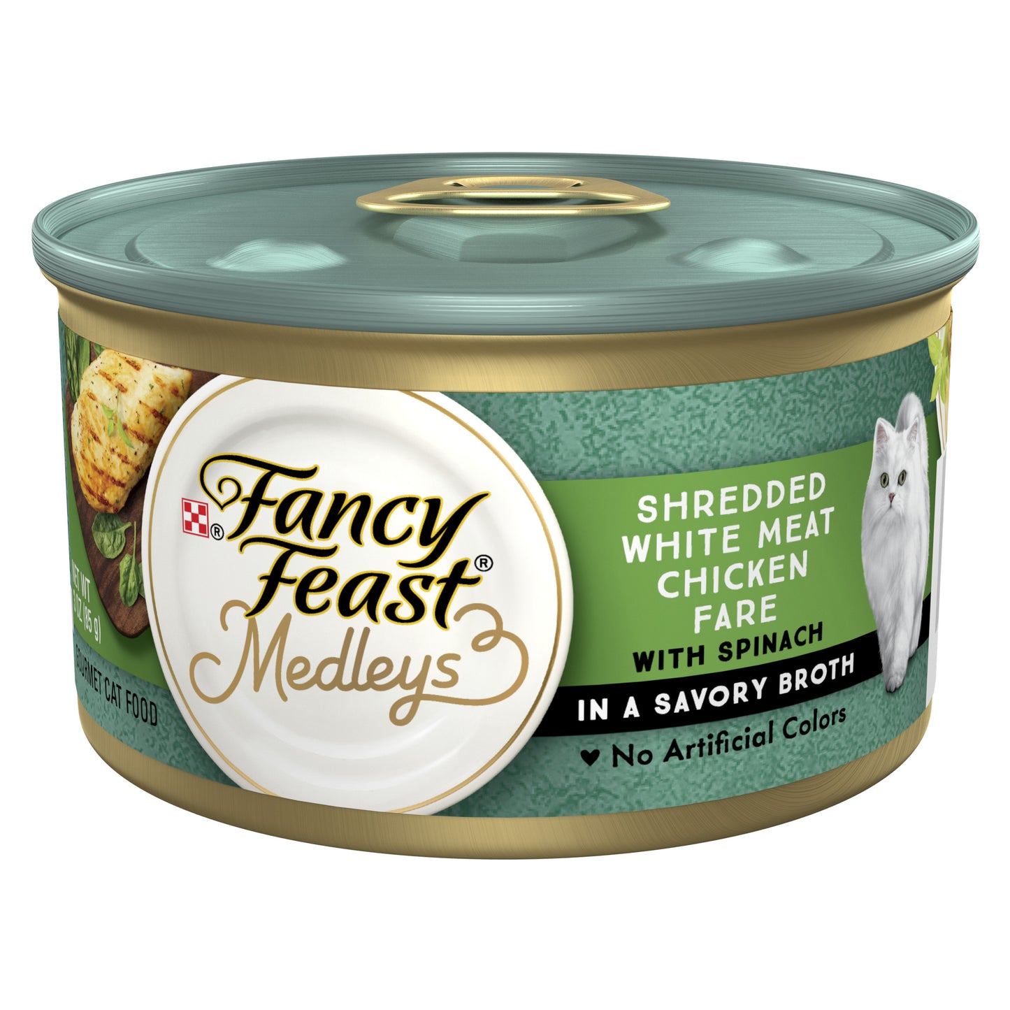 Purina Fancy Feast Wet Cat Food Medleys Shredded White Meat Chicken Fare With Spinach in Savory Cat Food Broth 3oz