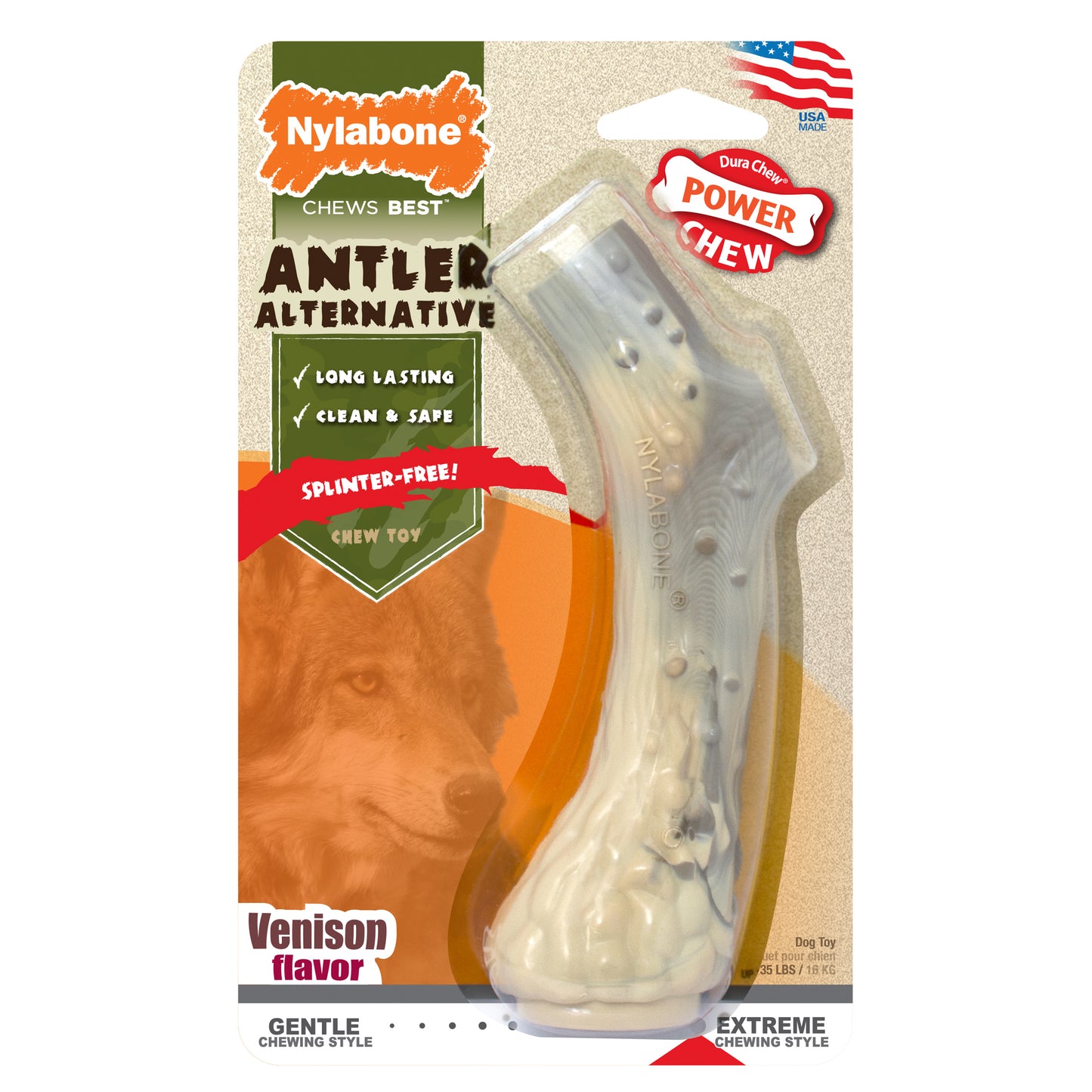 Nylabone Power Chew Antler Dog Chew Alternative Venison Medium/Wolf