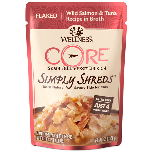 Wellness CORE Simply Shreds Natural Grain Free Wet Cat Food Mixer Or Topper, Shredded Wild Salmon & Tuna in Broth, 1.75Oz Pouch