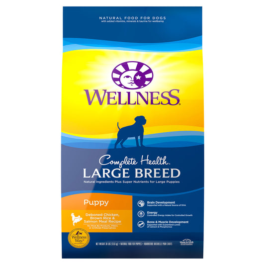 Wellness Complete Health Natural Dry Large Breed Puppy Food Chicken Salmon & Rice 30lb Bag