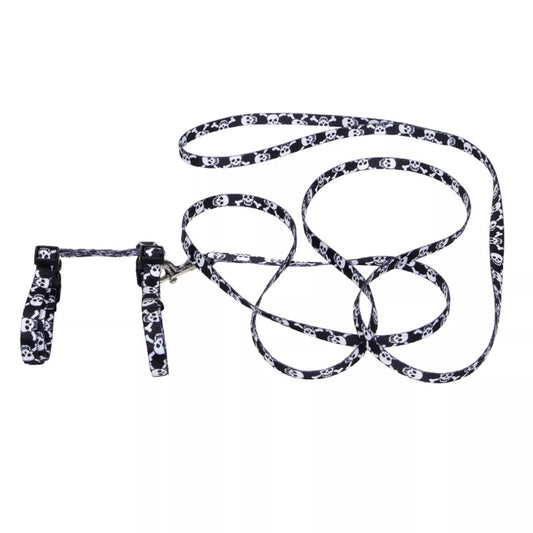 Coastal Figure "H" Fashion 3/8in Wide 10-18in Adjustable Cat Harness and Leash Combo Black Skulls
