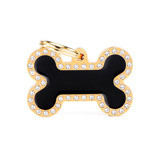 My Family ID Glam Big Bone Black and Gold ID Tag with Rhinestones