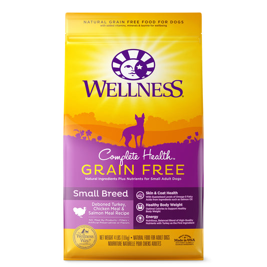 Wellness Complete Health Natural Grain Free Dry Small Breed Dog Food Turkey Chicken & Salmon 4lb Bag