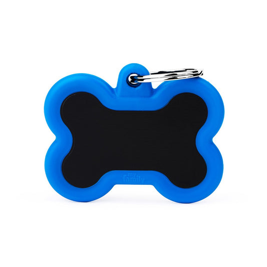 My Family ID Hushtag Big Black Aluminum Bone ID Tag with Blue Rubber