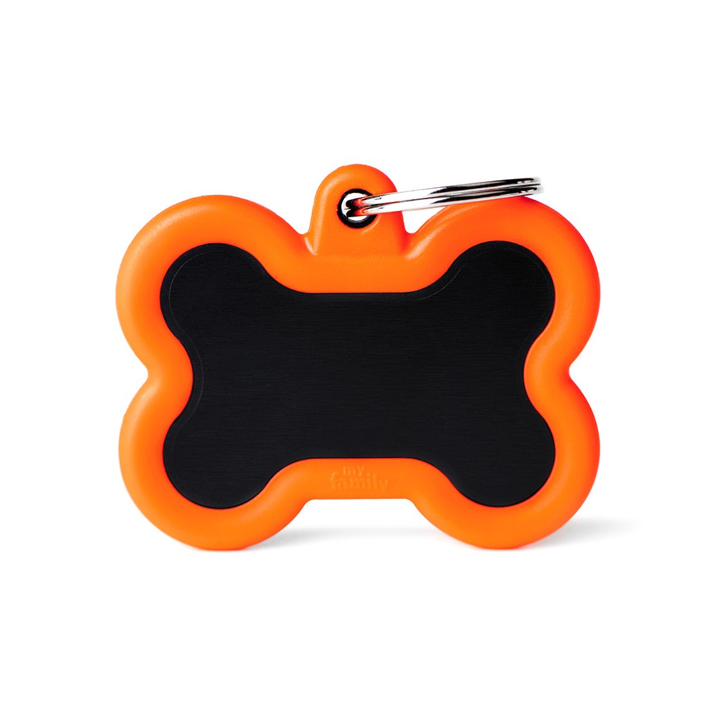 My Family ID Hushtag Big Black Aluminum Bone ID Tag with Orange Rubber