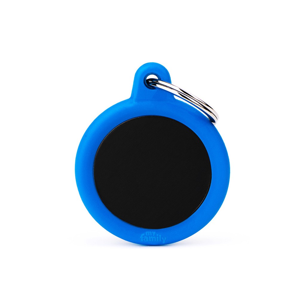 My Family ID Hushtag Black Aluminum Circle ID Tag with Blue Rubber