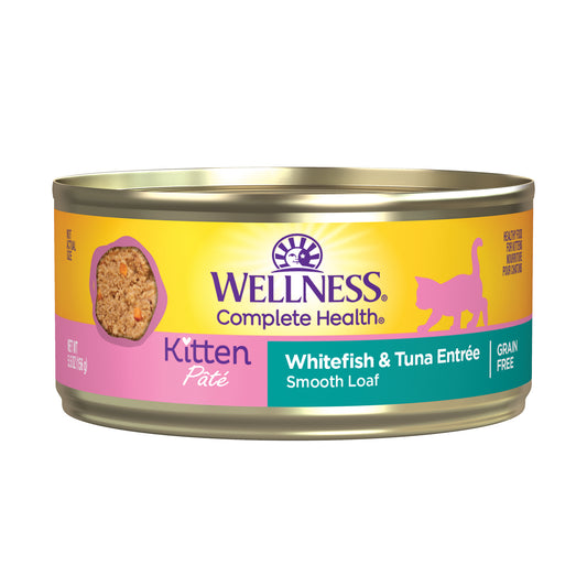 Wellness Complete Health Kitten Canned Wet Cat Food Whitefish & Tuna Entrée 5.5 oz Can Pack of 24