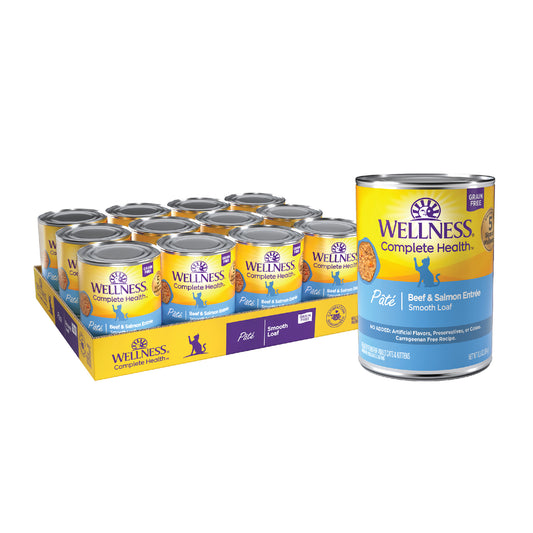Wellness Complete Health Natural Grain Free Wet Canned Cat Food Beef & Salmon Pate 12.5oz Can