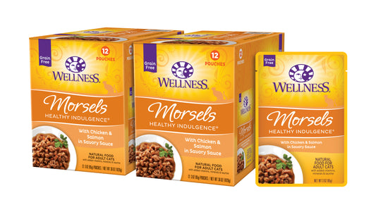 Wellness Healthy Indulgence Natural Grain Free Wet Cat Food Morsels Chicken & Salmon 3oz Pouch