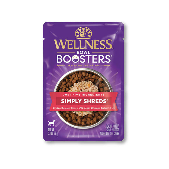 Wellness Bowl Boosters Simply Shreds Natural Grain Free Wet Dog Food Mixer or Topper Wild Salmon & Pumpkin  2.8oz Pouch