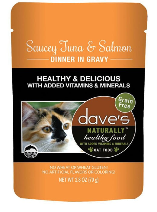 Daves Pet Food Cat Naturally Healthy Pouch - Saucey Tuna And Salmon Dinner In Gravy 2.8oz