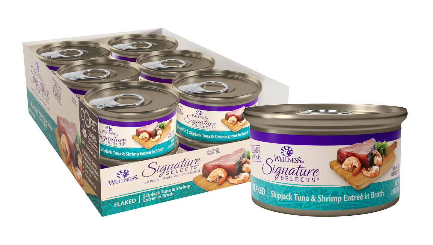 Wellness CORE Signature Selects Grain Free Canned Cat Food Flaked Skipjack Tuna & Shrimp in Broth 2.8ozs