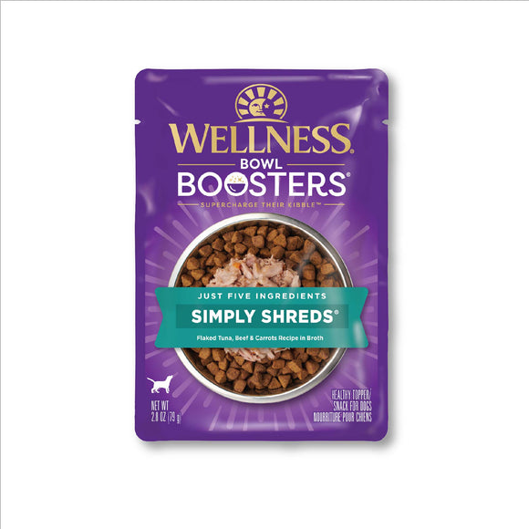 Wellness Bowl Boosters Simply Shreds Natural Grain Free Wet Dog Food Mixer or Topper Tuna Beef & Carrots 2.8oz Pouch