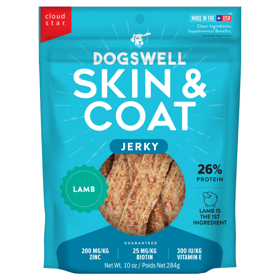 Dogswell Skin & Coat Jerky Dog Treats, Lamb, 10 oz. Pouch
