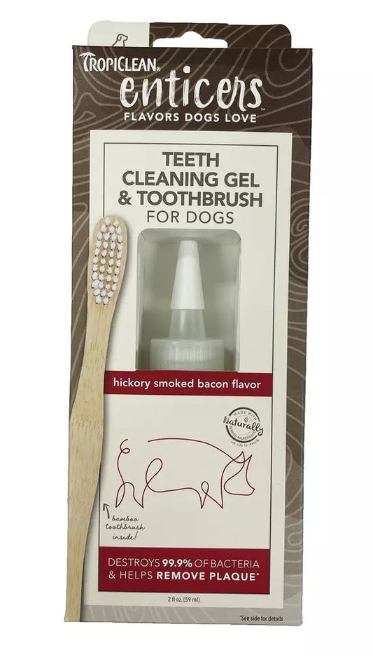 TropiClean Enticers Teeth Cleaning Gel & Toothbrush for Large Dogs - Hickory Smoked Bacon Flavor, 2oz