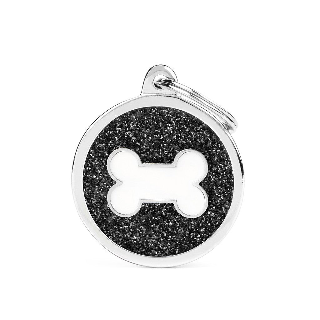 My Family ID Shine Big Black Glitter Circle White Bone ID Tag