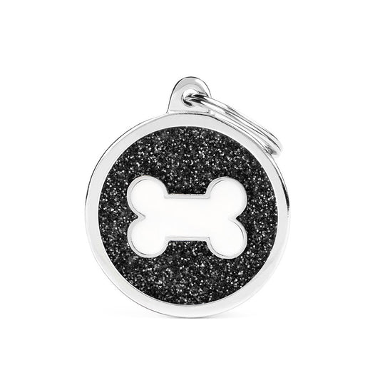 My Family ID Shine Big Black Glitter Circle White Bone ID Tag