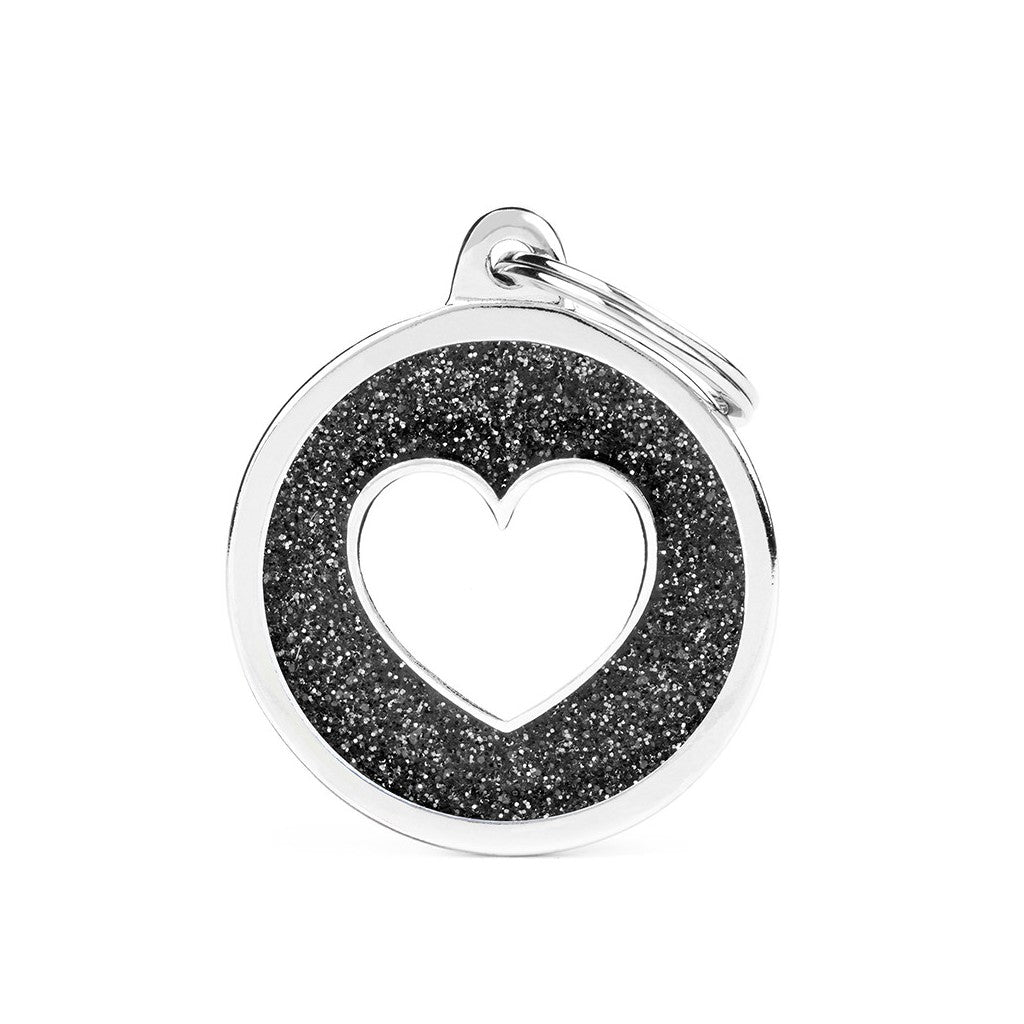 My Family ID Shine Big Black Glitter Circle White Heart ID Tag