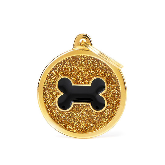 My Family ID Shine Big Gold Glitter Circle Black Bone ID Tag