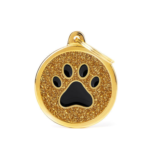 My Family ID Shine Big Gold Glitter Circle Black Paw ID Tag