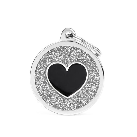 My Family ID Shine Big Grey Glitter Circle Black Heart ID Tag