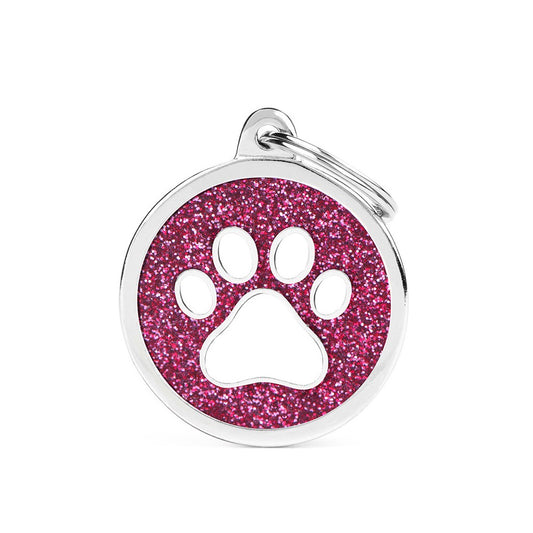 My Family ID Shine Big Pink Glitter Circle White Paw ID Tag