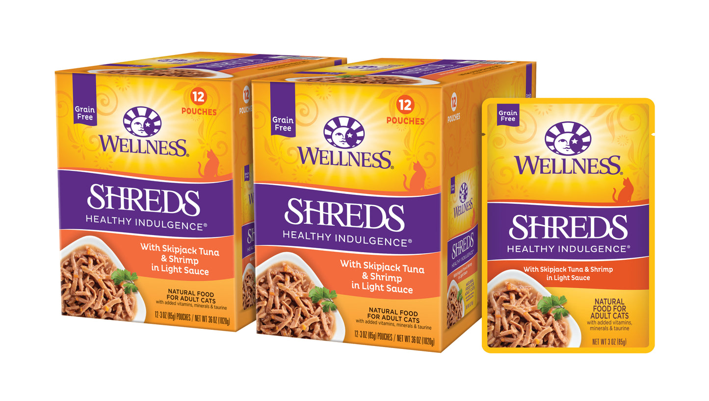 Wellness Healthy Indulgence Natural Grain Free Wet Cat Food Shreds Tuna & Shrimp 3oz Pouch