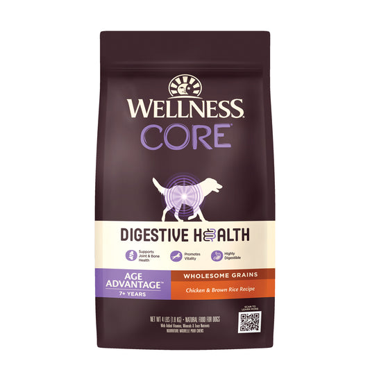 Wellness CORE Digestive Health Senior Dry Dog Food with Grains 4lb Bag Age Advantage 7+ Years Old Chicken Dog Food Sensitive Stomach