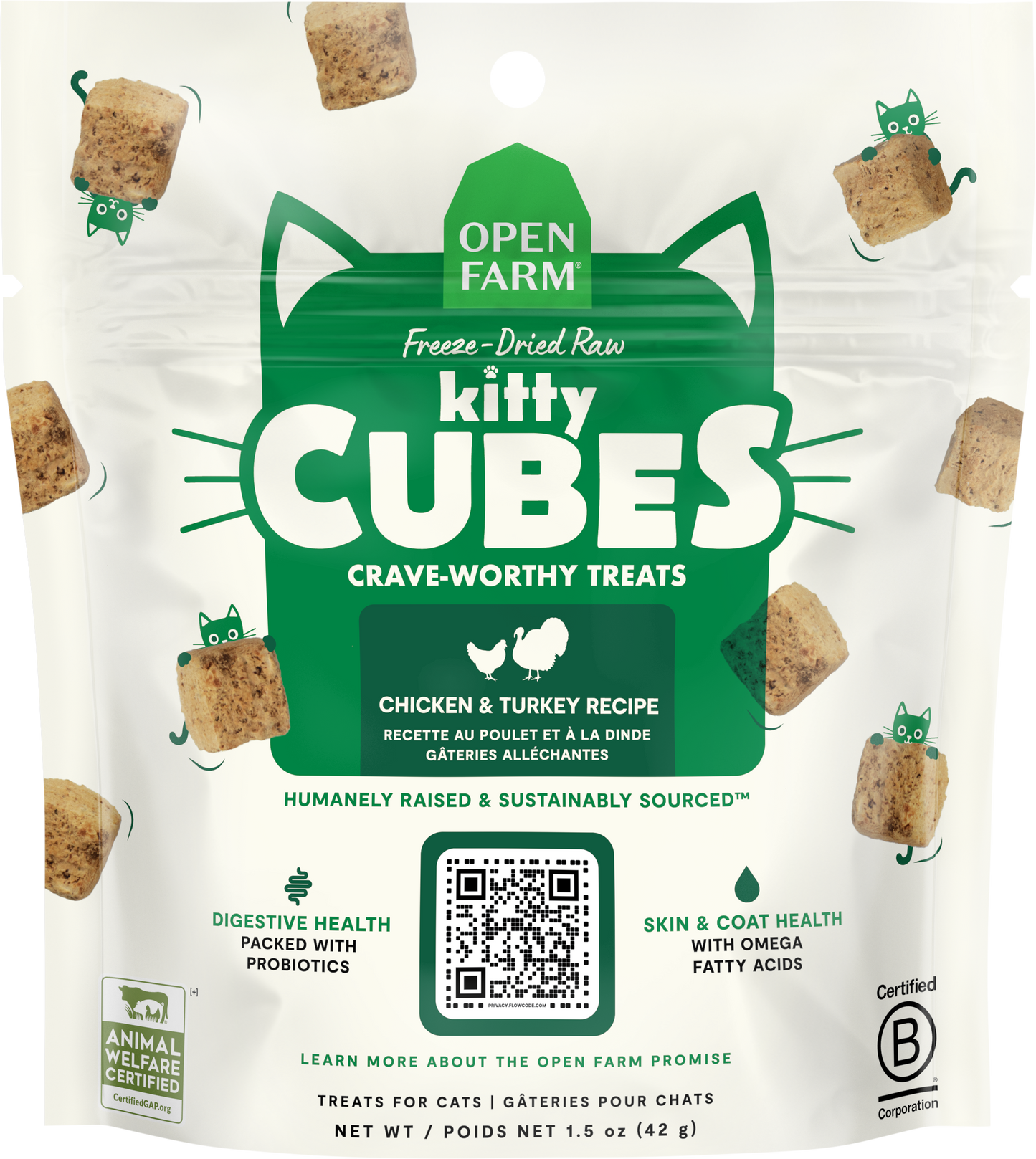 Open Farm Freeze-Dried Raw Kitty Cubes Cat Treats - Chicken & Turkey Recipe 1.5oz Bag