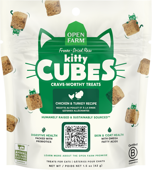 Open Farm Freeze-Dried Raw Kitty Cubes Cat Treats - Chicken & Turkey Recipe 1.5oz Bag