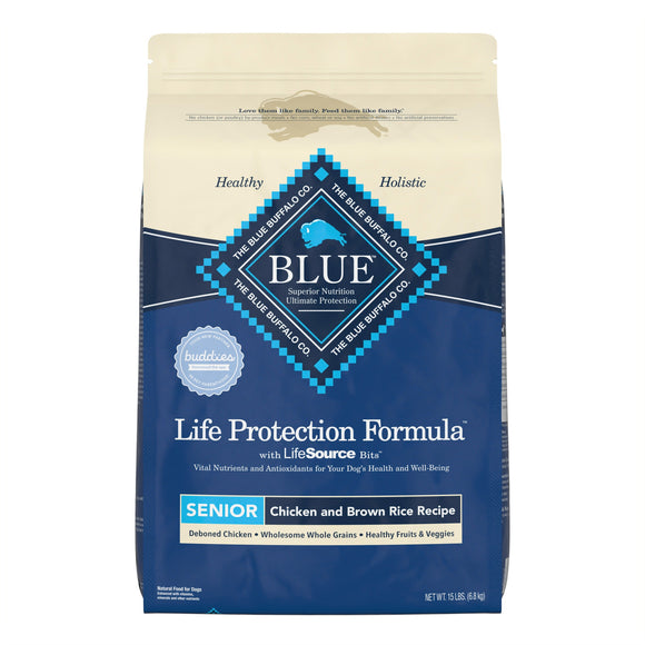 Blue Buffalo Life Protection Formula Chicken and Brown Rice Dry Dog Food for Senior Dogs  Whole Grain  15 lb. Bag